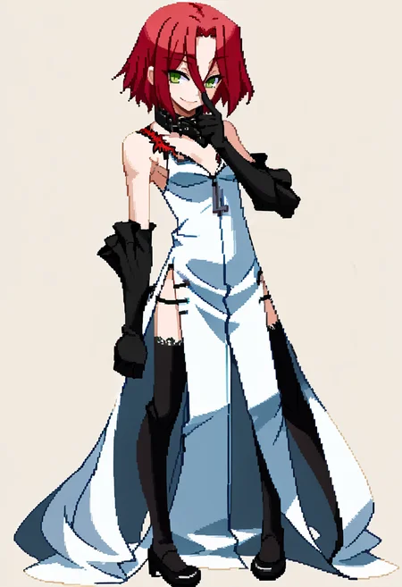 score_9, score_8_up, score_7_up, source_anime, BREAK, solo, 1girl, smile, looking at viewer, <lora:Under-Night-In-Birth-Sprites-pdxl_Fp:1>, simple background, full body, standing, <lora:Haru-pdxl_Fp:1>, harudesu, red hair, green eyes, short hair, tattoo, collar, white dress, black gloves, black thighhighs, cross, side slit, black footwear, elbow gloves,