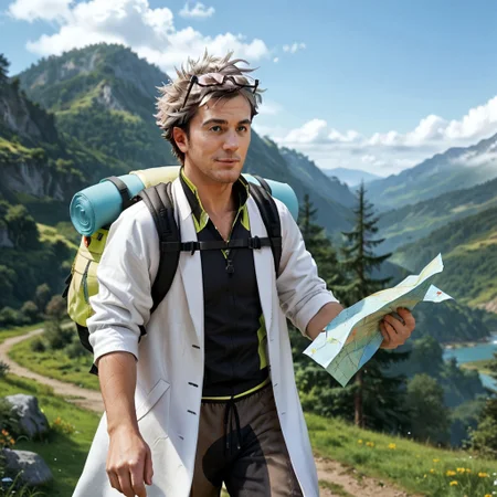 Zpdxl3, Score_7_up, score_8_up, full body, detailed, high quality,
BREAK,
mature male, ProfWillow, two-tone hair, glasses on head, labcoat, athletic clothing, backpack, walking, outdoors, beautiful scenery, detailed landscape, holding, (holding map, looking at map:1.25),
