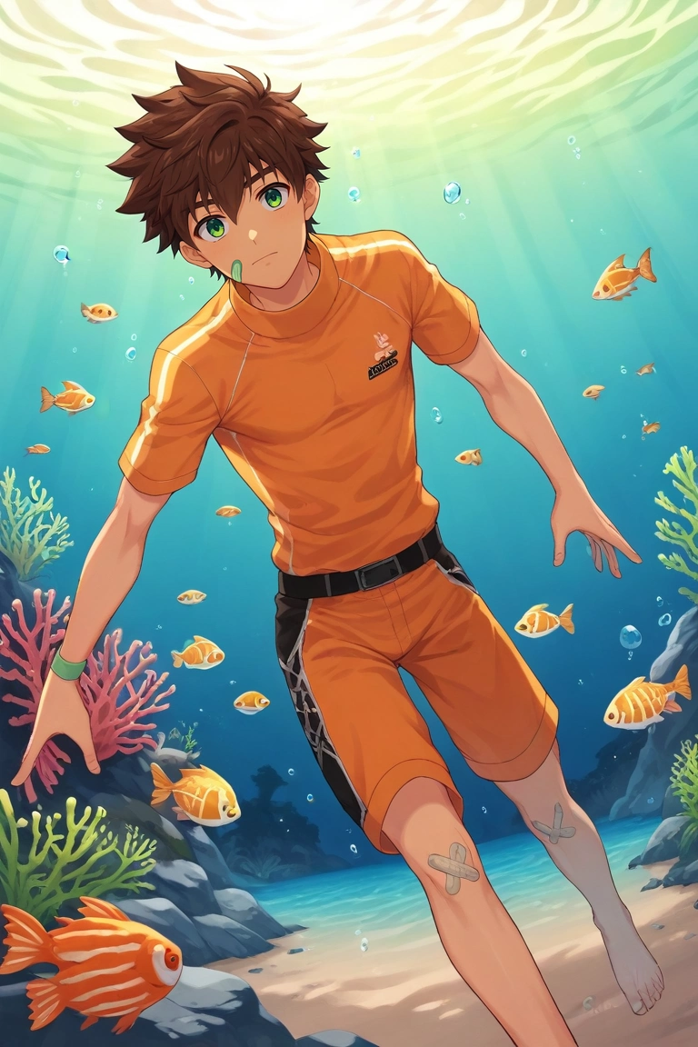 score_9, score_8_up, score_7_up, source_anime, rating_safe, , semi-realistic, looking at viewer, , 1boy, solo, male focus, <lora:keitaro_nagame_pony:0.94>, keitaro_nagame, brown hair, green eyes, short hair, bandaid on face, , coral reef, tropical fish, sunbeams underwater, sea anemones, swimming pose, playful expression, underwater lighting, thief costume, <lora:sdxl_lightning_8step_lora:1>