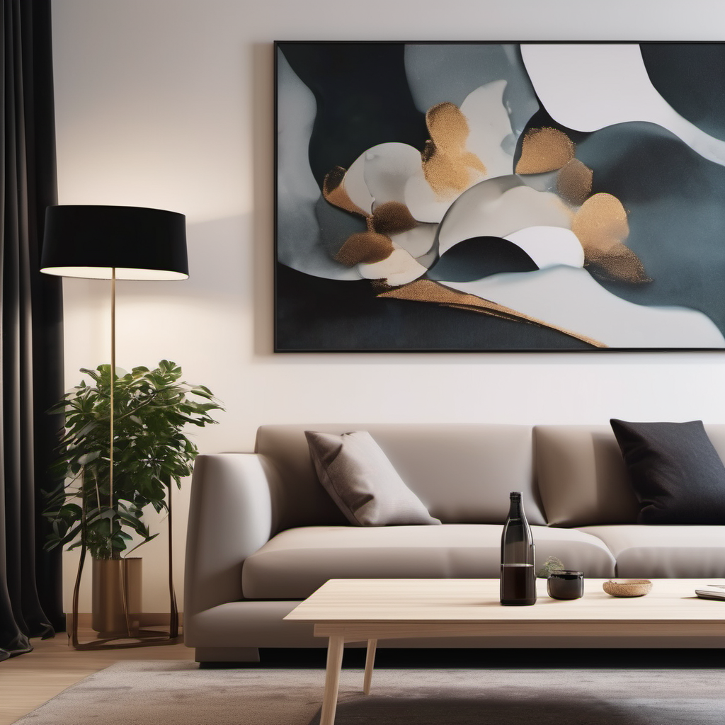(<lora: the gospel of interior interior design universal model xl_ v1.0:0.8>mrares),indoor,(((modern minimalist style))),a living room,a warm atmosphere,there is a coffee table next to the long sofa,an irregular table,there are interesting art paintings hanging on the wall,. 35mm photograph,film,bokeh,professional,4k,highly detailed,