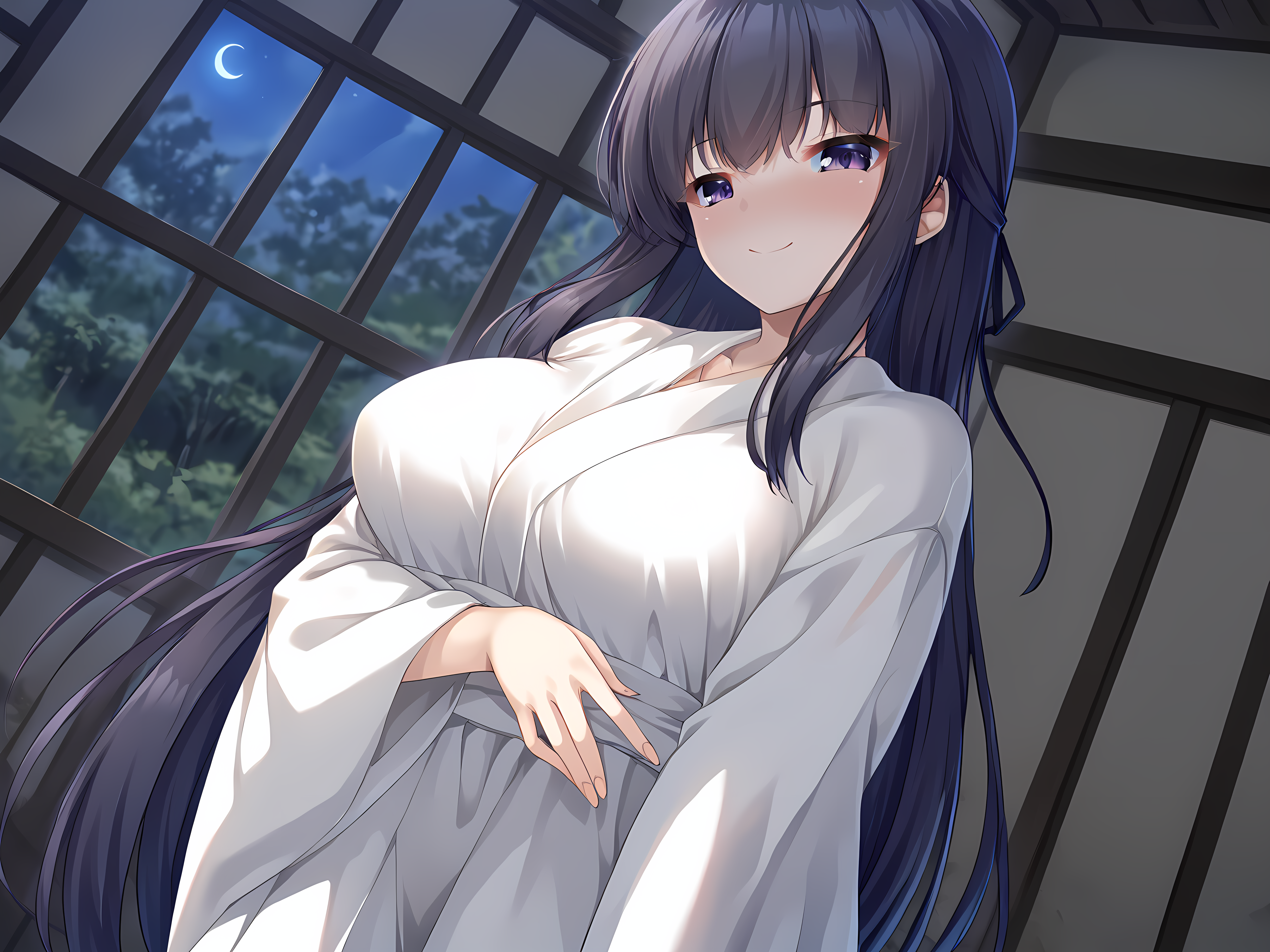 1girl,kimono,looking at viewer,breasts,escude,kagami,purple eyes,large breasts,window,<lora:ESCUDE_-_Haisen_Shoujo_-_Kagami:0.9>,moonlight,night,standing,hunched over,closed mouth, smile,looking down, blush, aroused, in heat,, score_9, score_8_up, score_7_up,source_anime,(masterpiece),(best quality),(ultra-detailed),(best illustration),(best shadow),(absurdres),(detailed background),(very aesthetic),source_anime