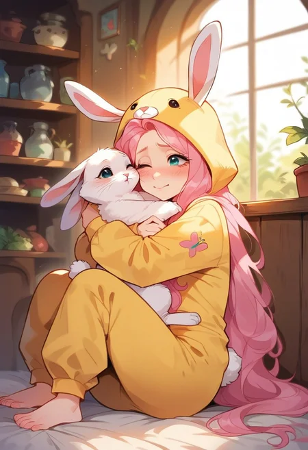score_9, score_8_up, score_7_up, score_6_up, <lora:p3tl0v3XLP:1> p3tl0v3, 1girl, fluttershy, wearing bunny onesie, sitting, hugging a white rabbit, in cottage
