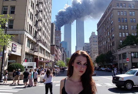 aesthetic2000s, New York City, 9/11, World Trade Center, smoking towers, street view, urban, pedestrian, young woman with heavy makeup and gothic attire posing, daytime, bright sky, buildings, crowd, fire escape, USA.,