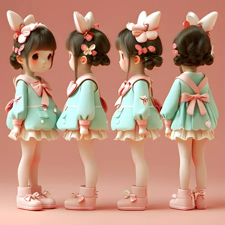 Front,back,side,three views,ip design,kawaii,girl,<lora:FN-CollectionIP_XL-V1.0-000008:1>,