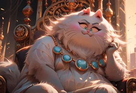 score_9, score_8_up, score_7_up, high quality, 1girl, sitting on throne, watching below, furry, anthro, feline, female cat, persian cat, cut ear, pink inner ear, blue eyebrows, thin eyebrows, light-blue eyes, black pupils, pink nose, pink cheeks, whiskers, white body, white fur, tail, fluffy tail, overweight female, neckwear, blue necklace