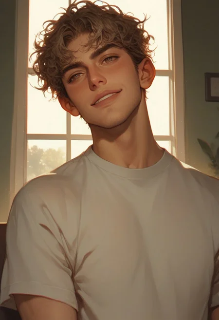 score_9, score_8_up, score_7_up, 1boy, man, adult, tan skin, olive skin, light brown hair, hazel eyes, short hair, messy hair, solo, face focus, PRSNL4 Style, very aesthetic, digital drawing, soft light, detailed background, college, university, day, looking to the side, handsome, t-shirt, athletic build, stubble, light body hair, jock, confident smile, confident, smile, smirk, sinfully stylish, dramatic lighting, long shadows, Semi-realism, morimee_style