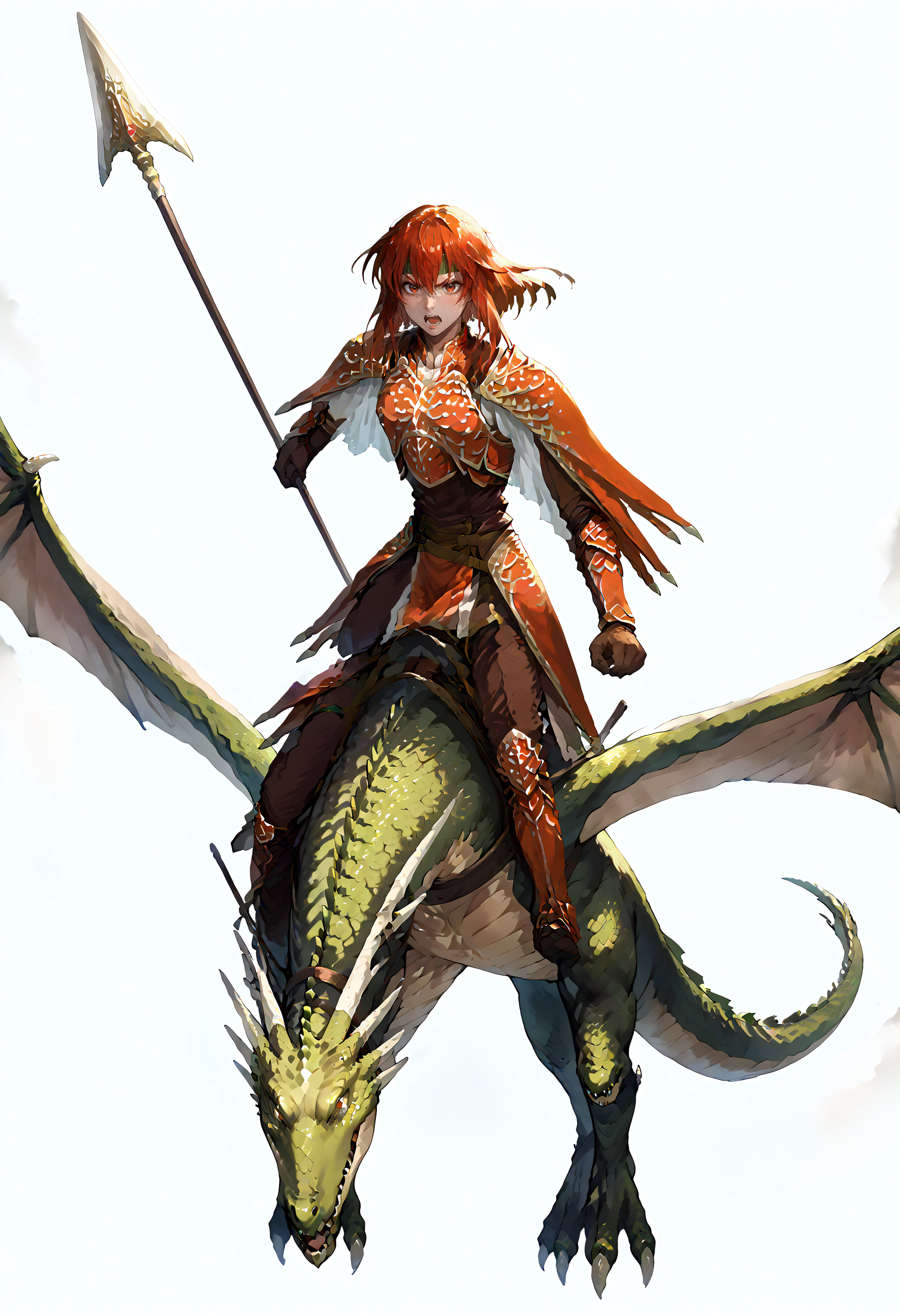 score_9,score_8_up,score_7_up,zPDXL3,unaestheticXL_3x3,field,sky,1girl,1other,from_side,<lora:Pony_DetailV2.0:1>,
BREAK wyvern rider,dragon wings,knight,green dragon,dragon riding,polearm,holding polearm,holding weapon,flying,<lora:wyvern rider-pony-v2:1>,fighting stance,v-shaped eyebrows,serious,screaming,glaring BREAK feMva,red hair,short hair,red eyes,green headband,red armor,shoulder armor,gauntlets,gloves,brown pants,pelvic curtain,armored boots,<lora:feminerva-pdxl-nvwls-v1:1>,