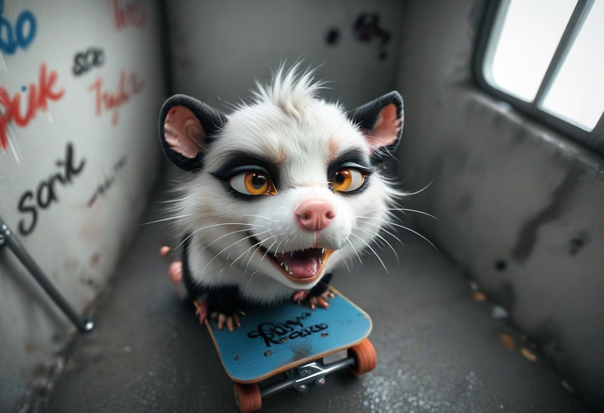 score_9, score_8_up, score_7_up, score_6_up, source_furry, source_3d, 
BREAK opossum, small, grey fur, white fur, pink nose, black ears, whiskers, black markings, pink paws, black tail, yellow eyes, open mouth, teeth, tongue, black lips, pink backwards hat, black sunglasses, pink bow tie, possum, 
BREAK opossum is preforming a hand stand, opossum is on a skateboard, opossum feet are up in the air,opossum is riding the skateboard, opossum is riding the skateboard down a railing, skateboard grinding on railing, 3d,detailed, realistic, full shot, dynamic pose, birds eye view, from above, opossum focus, detailed skateboard, realistic skateboard,
BREAK subway, station, staircase, railing, railing down centre of staircase, white tile walls, blue tile staircase, ceiling pipes, florescent lights, skatebingbing