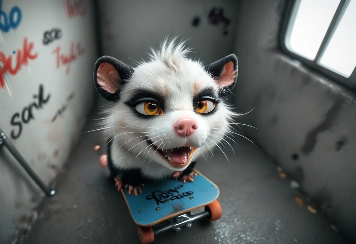 score_9, score_8_up, score_7_up, score_6_up, source_furry, source_3d,
BREAK opossum, small, grey fur, white fur, pink nose, black ears, whiskers, black markings, pink paws, black tail, yellow eyes, open mouth, teeth, tongue, black lips, pink backwards hat, black sunglasses, pink bow tie, possum,
BREAK opossum is preforming a hand stand, opossum is on a skateboard, opossum feet are up in the air,opossum is riding the skateboard, opossum is riding the skateboard down a railing, skateboard grinding on railing, 3d,detailed, realistic, full shot, dynamic pose, birds eye view, from above, opossum focus, detailed skateboard, realistic skateboard,
BREAK subway, station, staircase, railing, railing down centre of staircase, white tile walls, blue tile staircase, ceiling pipes, florescent lights, skatebingbing