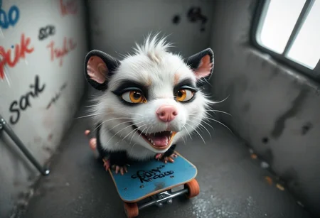 score_9, score_8_up, score_7_up, score_6_up, source_furry, source_3d,
BREAK opossum, small, grey fur, white fur, pink nose, black ears, whiskers, black markings, pink paws, black tail, yellow eyes, open mouth, teeth, tongue, black lips, pink backwards hat, black sunglasses, pink bow tie, possum,
BREAK opossum is preforming a hand stand, opossum is on a skateboard, opossum feet are up in the air,opossum is riding the skateboard, opossum is riding the skateboard down a railing, skateboard grinding on railing, 3d,detailed, realistic, full shot, dynamic pose, birds eye view, from above, opossum focus, detailed skateboard, realistic skateboard,
BREAK subway, station, staircase, railing, railing down centre of staircase, white tile walls, blue tile staircase, ceiling pipes, florescent lights, skatebingbing