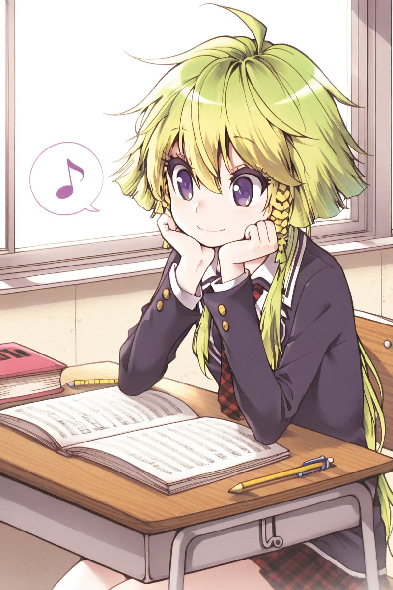 masterpiece, best quality, amazing quality,
<lora:CrzNghbr_IL:1> crznghbr, 1girl, solo, musical note, purple eyes, green hair, school uniform, necktie, braid, spoken musical note, book, sitting, head rest, desk, long hair, window, smile, eighth note, pencil, short hair with long locks, school desk, blonde hair, mnchr