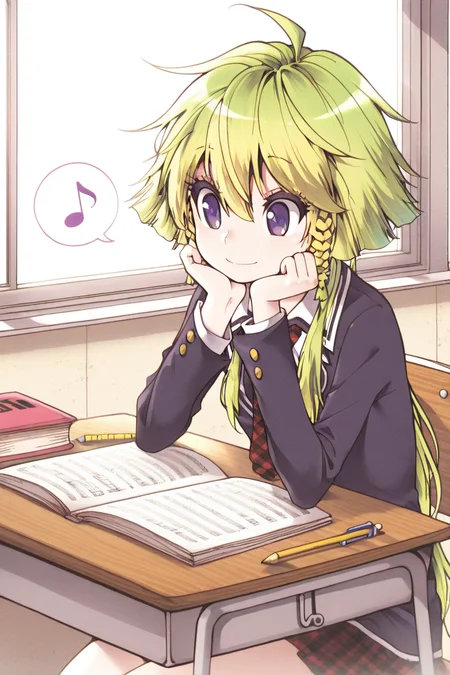 masterpiece, best quality, amazing quality,
<lora:CrzNghbr_IL:1> crznghbr, 1girl, solo, musical note, purple eyes, green hair, school uniform, necktie, braid, spoken musical note, book, sitting, head rest, desk, long hair, window, smile, eighth note, pencil, short hair with long locks, school desk, blonde hair, mnchr