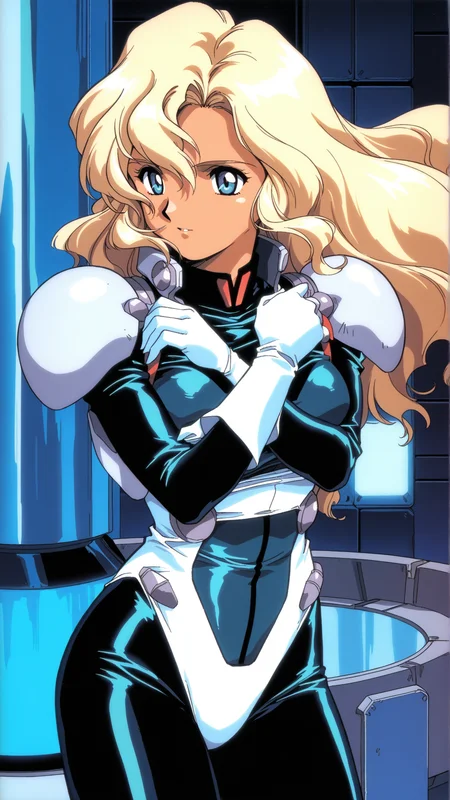 source_anime, general, best quality, masterpiece, 1girl, <lora:Rachel_Affas_ill:1> rachel_affas\(gbattle\),blonde hair, long hair, wavy hair, blue eyes,armor,bodysuit,