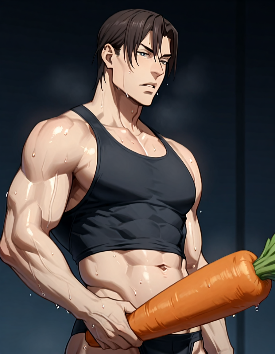 kusabistyle<lora:Ai_no_Kusabi_style_Illustrious:1>
1man, solo, manly, musculat, navel, groin, parted lips, sweaty, holding a carrot, huge carrot