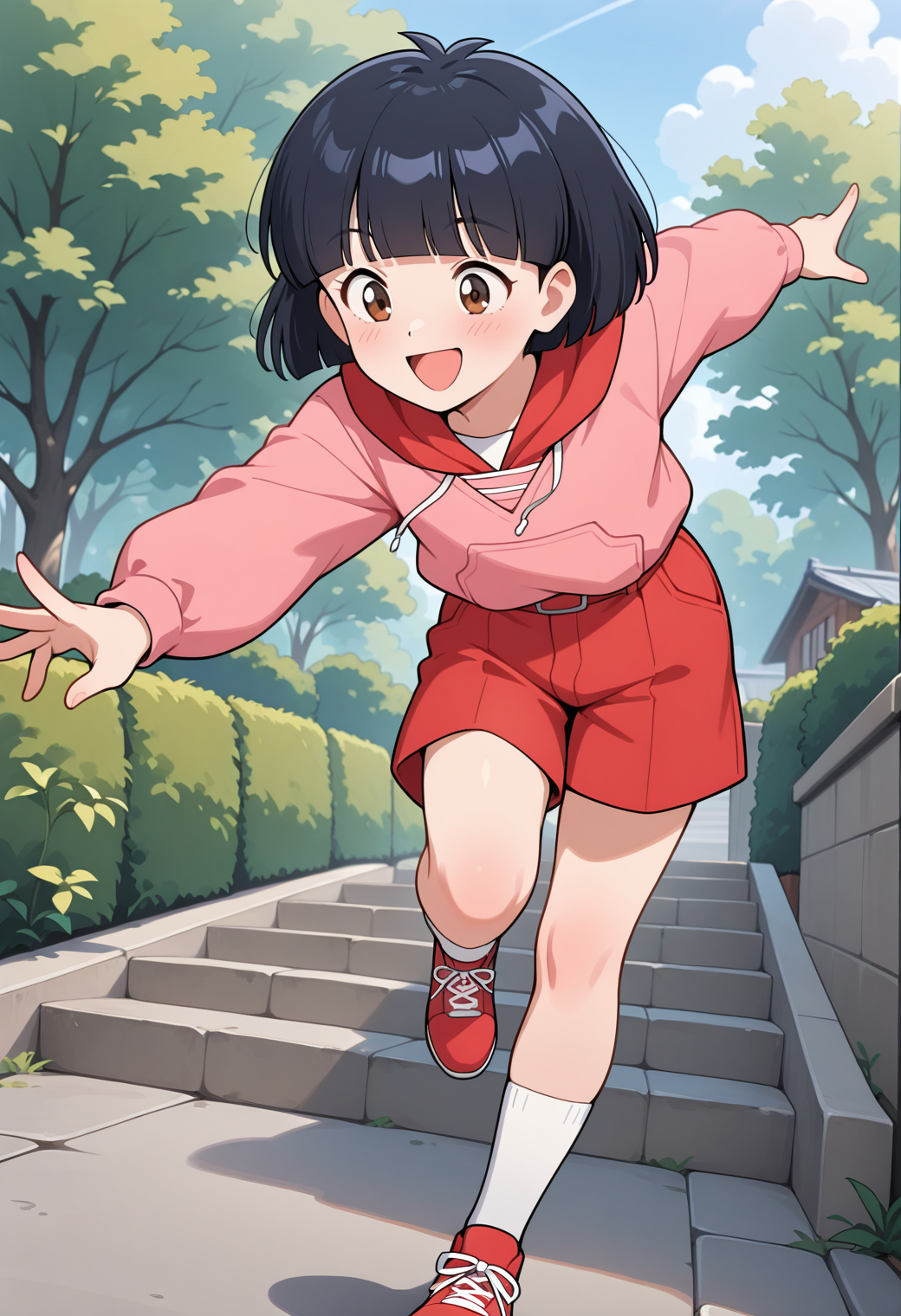 masterpiece, best quality, very aesthetic, absurdres, 1girl, solo,
<lora:shikatani_uiba_v01:0.9>, shikatani_uiba, black hair, short hair, bob cut, blunt bangs, brown eyes,
red hood, pink hoodie, long sleeves, red shorts, white socks, red sneakers, smile, open mouth, posing