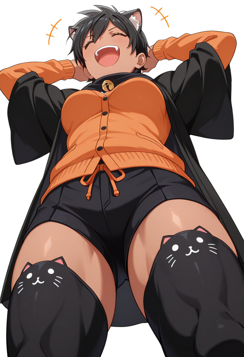 masterpiece,high quality details, absurdres,
laughing, 
<lora:Kanie_Kusagakure:0.8> kanie_cnr, 1girl, black hair, short hair, dark skin, muscular, medium breasts,, simple background, white background, from below,solo,, haori  ,cardigan,bell-bottom pants,  ,animal ear legwear thighhighs,