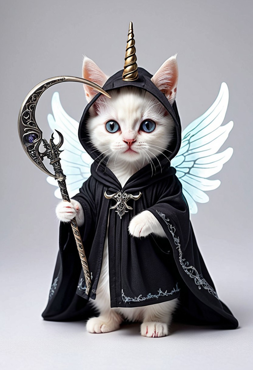 Let's craft a striking and unique t-shirt design featuring an eerie twist on a unicorn kitten dressed in a reaper costume, all set against a crisp white background. Picture a small, adorable kitten with a unicorn horn protruding from its forehead, its eyes glowing with an otherworldly light. The kitten is clad in a dark, flowing reaper robe, complete with a hood that casts shadows over its face, adding a mysterious and haunting vibe to the design. Delicate, ethereal wings sprout from its back, shimmering with a ghostly iridescence. The kitten holds a tiny scythe in its paw, the blade gleaming ominously against the white fabric of the robe. Behind the creature, a soft, ethereal mist swirls, hinting at a realm beyond the mundane. This juxtaposition of cute and eerie elements creates a captivating visual contrast that is sure to intrigue and captivate onlookers when printed on a white t-shirt.