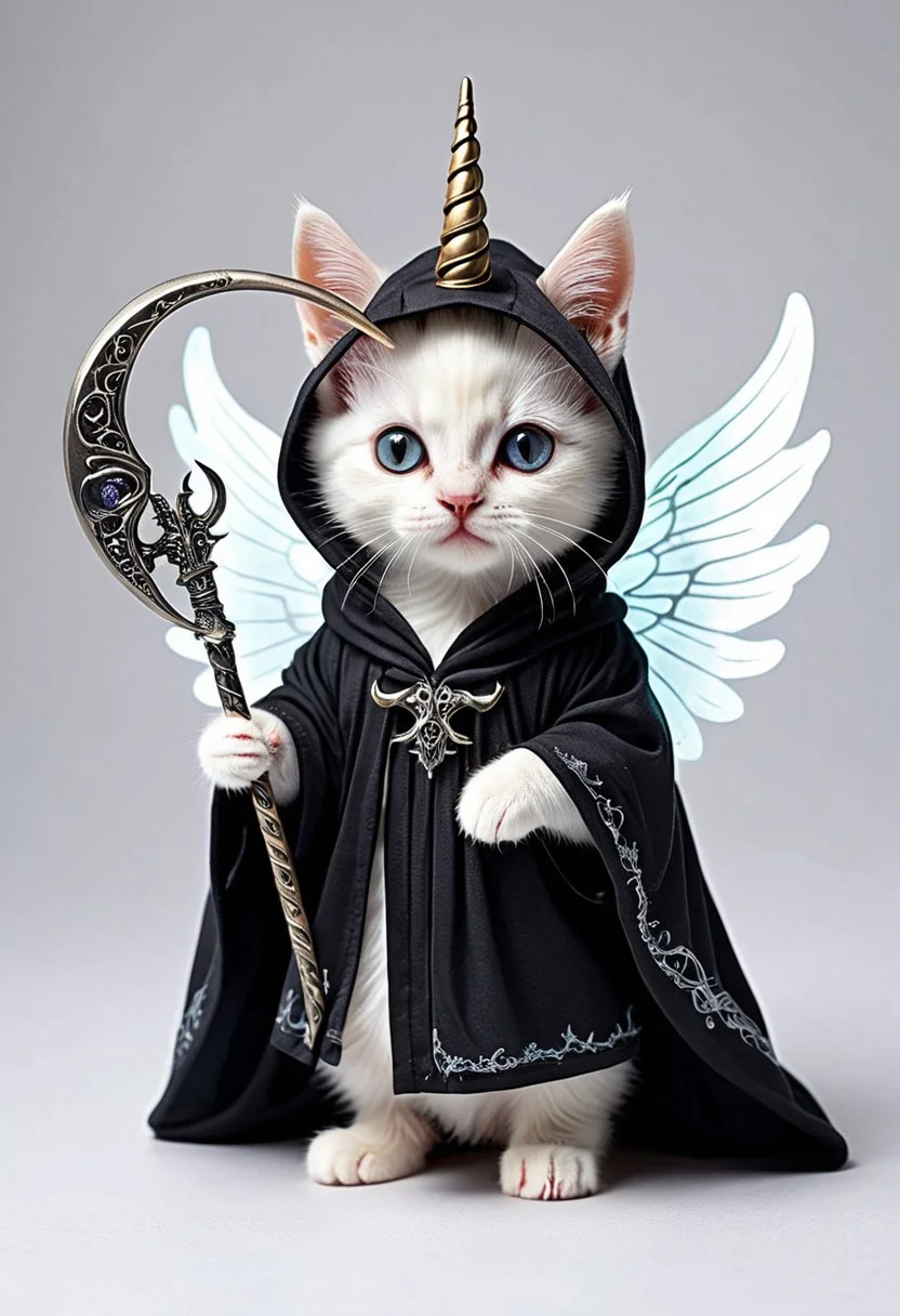 Let's craft a striking and unique t-shirt design featuring an eerie twist on a unicorn kitten dressed in a reaper costume, all set against a crisp white background. Picture a small, adorable kitten with a unicorn horn protruding from its forehead, its eyes glowing with an otherworldly light. The kitten is clad in a dark, flowing reaper robe, complete with a hood that casts shadows over its face, adding a mysterious and haunting vibe to the design. Delicate, ethereal wings sprout from its back, shimmering with a ghostly iridescence. The kitten holds a tiny scythe in its paw, the blade gleaming ominously against the white fabric of the robe. Behind the creature, a soft, ethereal mist swirls, hinting at a realm beyond the mundane. This juxtaposition of cute and eerie elements creates a captivating visual contrast that is sure to intrigue and captivate onlookers when printed on a white t-shirt.