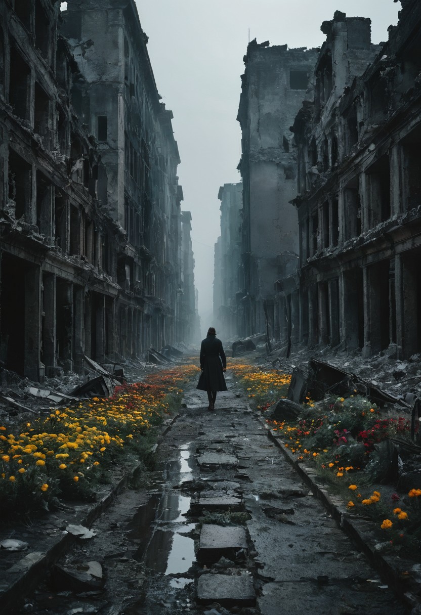 Capture the aftermath of a war with a lone figure walking through a destroyed urban landscape, flowers blooming in the cracks. Use a Nikon Z7 II with a 24-70mm f/2.8 lens. Utilize a cold blue and grey color grading to evoke a chilling, melancholic mood. Emphasize striking details of the ruins and the contrast between the destruction and the flowers. Add black bars for a cinematic film style. .striking details.