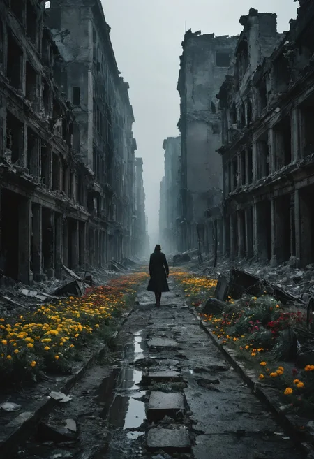 Capture the aftermath of a war with a lone figure walking through a destroyed urban landscape, flowers blooming in the cracks. Use a Nikon Z7 II with a 24-70mm f/2.8 lens. Utilize a cold blue and grey color grading to evoke a chilling, melancholic mood. Emphasize striking details of the ruins and the contrast between the destruction and the flowers. Add black bars for a cinematic film style. .striking details.
