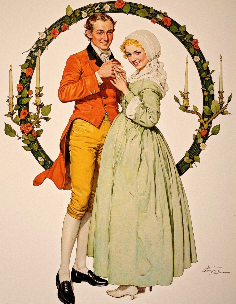 Art by Norman Rockwell. A vintage illustration from a vintage magazine about a man and a woman dressed in historical clothing, holding hands and smiling. the image features a man with a big smile on his face, wearing a bright orange jacket, yellow trousers, and black shoes, standing on the left side of the image, while a woman with a light green dress and a white headscarf is on the right side, facing away from the viewer. the man is holding the woman's hand, and they are standing close together, with the man's arm around her waist. in the background, there is a circular frame with a wreath of greenery and candles, adding a touch of elegance to the scene. the woman has a happy expression on her face, while the man has a playful demeanor. the illustration is signed by the artist in the bottom right corner.