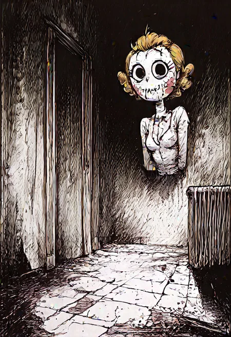 zPDXL3, Expressiveh, score_9, score_8_up, score_7_up, score_6_up, score_5_up, BREAK, 1girl, solo, Amy, robot, nandroid, Blonde Hair, Curly Hair, wearing Jason Voorhees mask, lifted mask, pt3jasonvoorhees, horror themed, evil looking, looking at viewer, dark room