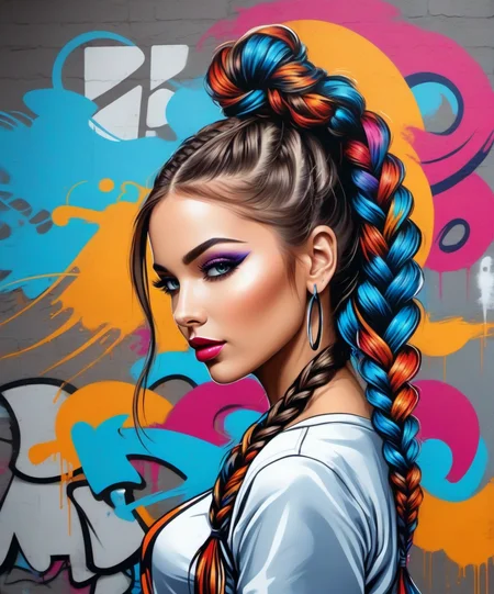 Graffiti Art Style , a gorgeous woman, dynamic, dramatic, vibrant colors, graffiti art style