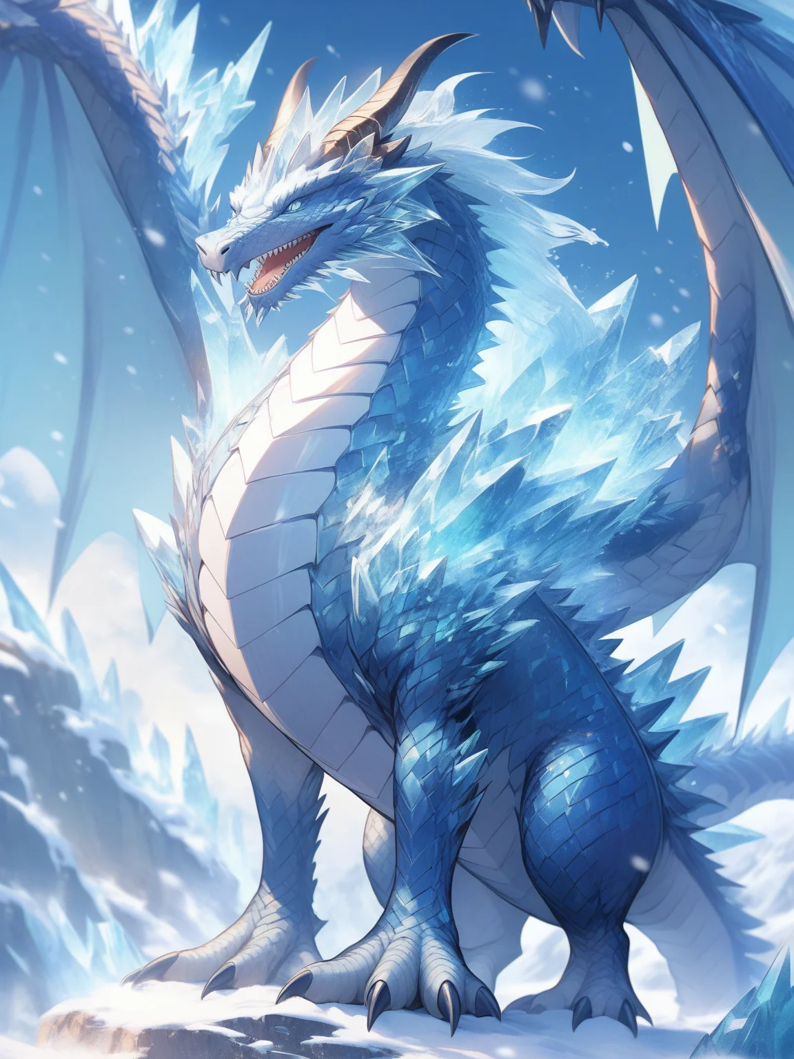 (\han yu long huang\),no humans, sky, dragon, wings, snow, claws, crystal, ice, outdoors, day, blue sky, horns, solo, tail, snowing, scales, open mouth, sharp teeth,<lora:hanyulonghuangXL:1>,