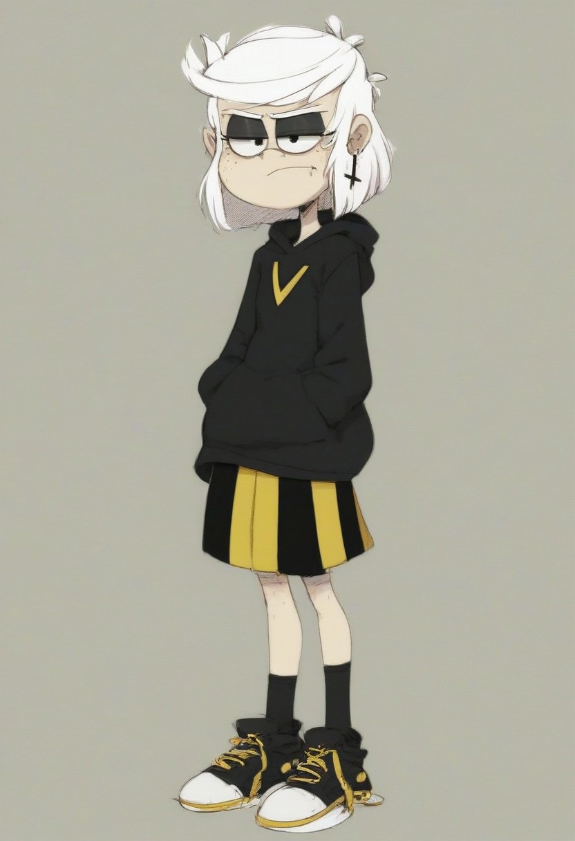 score_9_up, score_8_up, score_7_up, Lupa_Loud, white hair, short hair, swept bangs, half lidded eyes, black eye shadow, inverted cross earrings, black hoodie, black and yellow striped skirt, black socks, black sneakers, untied shoelaces, grumpy facial expression, inverted cross earrings, pale skinned female, freckles, standing, full body, yellow arrows logo