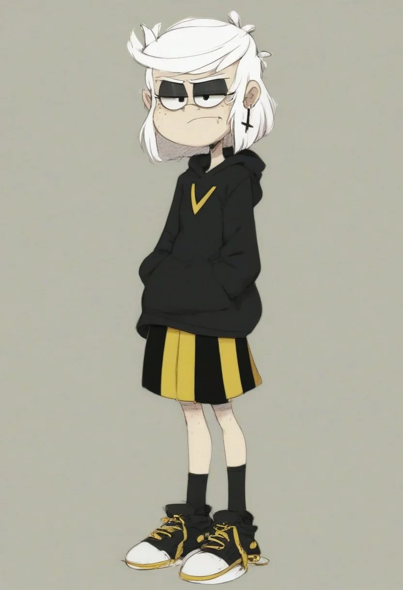 score_9_up, score_8_up, score_7_up, Lupa_Loud, white hair, short hair, swept bangs, half lidded eyes, black eye shadow, inverted cross earrings, black hoodie, black and yellow striped skirt, black socks, black sneakers, untied shoelaces, grumpy facial expression, inverted cross earrings, pale skinned female, freckles, standing, full body, yellow arrows logo