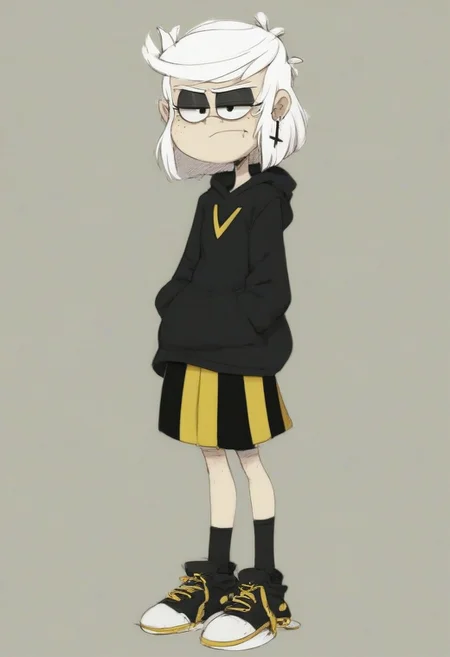 score_9_up, score_8_up, score_7_up, Lupa_Loud, white hair, short hair, swept bangs, half lidded eyes, black eye shadow, inverted cross earrings, black hoodie, black and yellow striped skirt, black socks, black sneakers, untied shoelaces, grumpy facial expression, inverted cross earrings, pale skinned female, freckles, standing, full body, yellow arrows logo