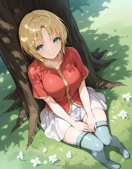 score_9, score_8_up, score_7_up, score_6_up, BREAK source_anime, best quality, masterpiece,
1girl,<lora:amelia fessPonyXL:0.8>,amelia fess,red shirt,skirt,thigh boots,full body,sitting,smile,looking at viewer,grass,tree,against tree,(from above,dutch angle:1.2),shadow,