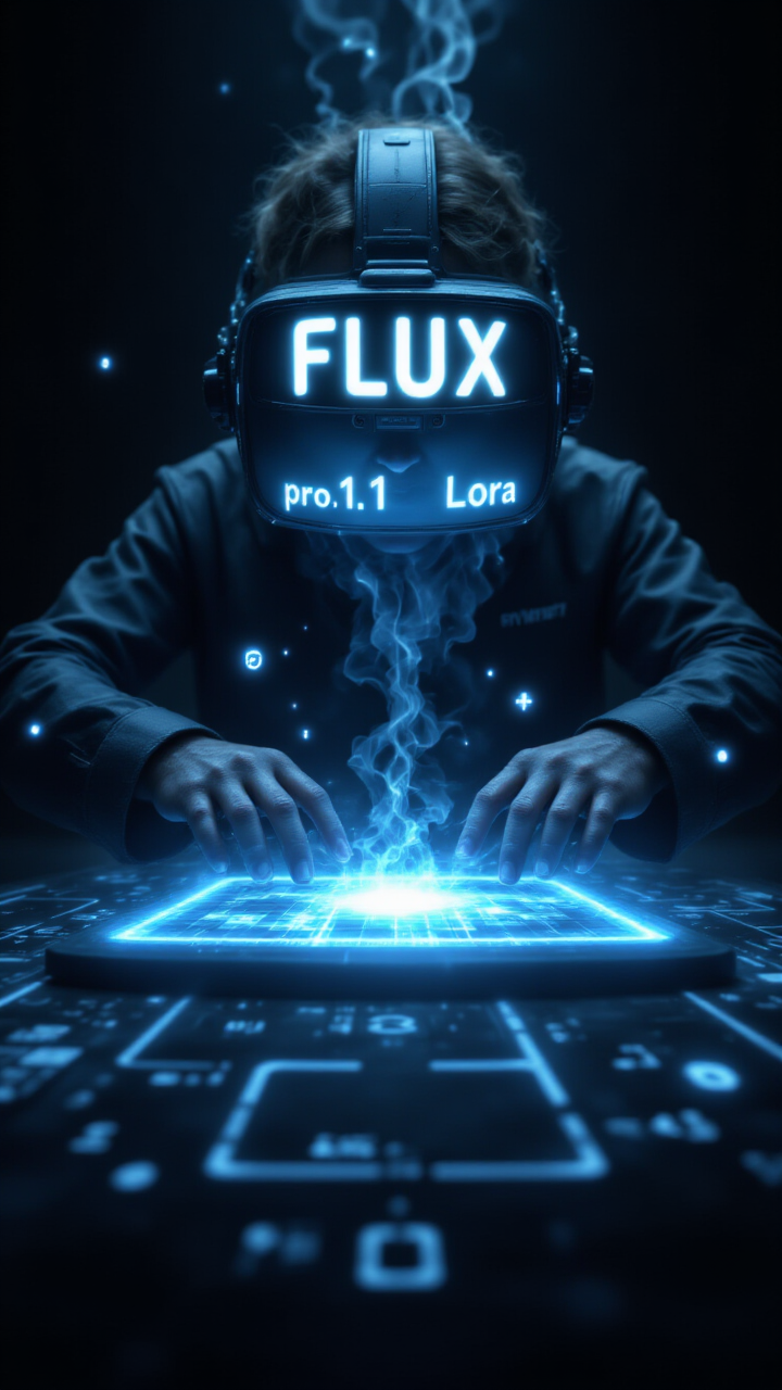 A high-tech VR headset projecting the text "FLUX pro 1.1 Lora" into the air above a glowing grid, with futuristic symbols floating around it. , aidmafluxpro1.1