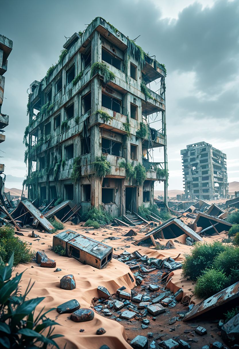 SmoothNoob_Quality, no humans, gray sky, ruins, post-apocalypse, destroyed building, horizon, broken bridge, desert, outdoors, overgrown, scenery, industrial pipe, <lora:Smooth_Booster:0.5>​​​