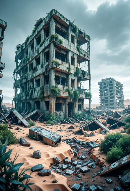 SmoothNoob_Quality, no humans, gray sky, ruins, post-apocalypse, destroyed building, horizon, broken bridge, desert, outdoors, overgrown, scenery, industrial pipe, <lora:Smooth_Booster:0.5>āāā