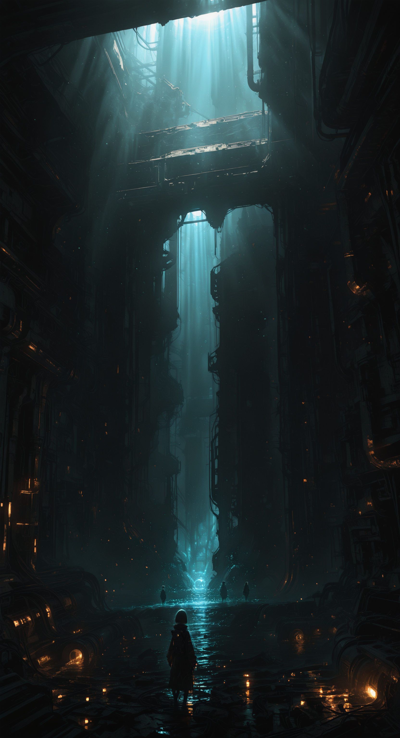 masterpiece, best quality, good quality, very awa, newest, highres, absurdres, 1girl, solo, standing, indoors, from behind, water, sunlight, scenery, light particles, science fiction, light rays, cable, light, dark, wide shot, ruins, sunbeam, ambiguous gender, industrial pipe, very wide shot, h4ra_illu, <lora:illustriousXL_stabilizer_v1.23:0.3> <lora:NOOB_vp1_detailer_by_volnovik_v1:0.3> <lora:ponyv6_noobE11_2_adamW-000017:0.3> <lora:Illustrious:0.15> <lora:114558v4df2fsdf5:0.55> <lora:XXX667:0.4> <lora:-_iLL_-_the_edgy_mech_V2.0-:0.8>