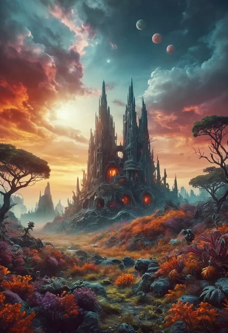 ral-apoctvisn, dark, chiaroscuro, low-key, breathtaking masterpiece showcasing a bizarre and frightening jungle like eco system on a distant exo-planet orbiting a dim red sun, a strange and fascinating world, an unknown millipede-like creature with orange and white patterns on it is crawling from a strange looking plant, otherwordly dark purple and blue vegetation, bio-luminescent giant beetle-like creatures with multi-faceted eyes, , something like a dragonfly with white and yellow patterns flies, astonishing imaginative scene for another planet, ultra realistic, captivating, highest quality, amazing bulbous rock formations in the background, realm of unparalleled biodiversity and astonishing layered plant life- somewhat like a jungle on Earth but with life, water with a greeb tint, all life in the scene is adapted to an exo-planet that orbits a red supergiant star, an unfamiliar sky with trippy clouds, flawless, 8k, UHD, crisp imagine reveals details of newly discovered flora and fauna from a strange dark world
easynegative,
