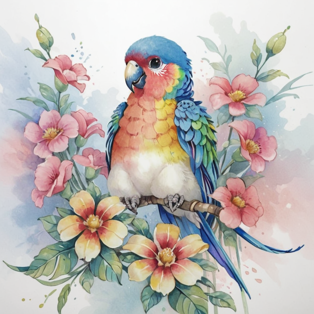 cute rainbow parrot, flowers, abstract watercolor, csw, black eyes <lora:CSW-Style-2-000017:0.8>