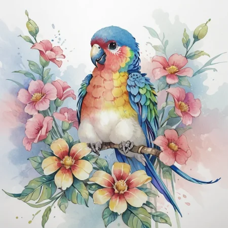 cute rainbow parrot, flowers, abstract watercolor, csw, black eyes <lora:CSW-Style-2-000017:0.8>