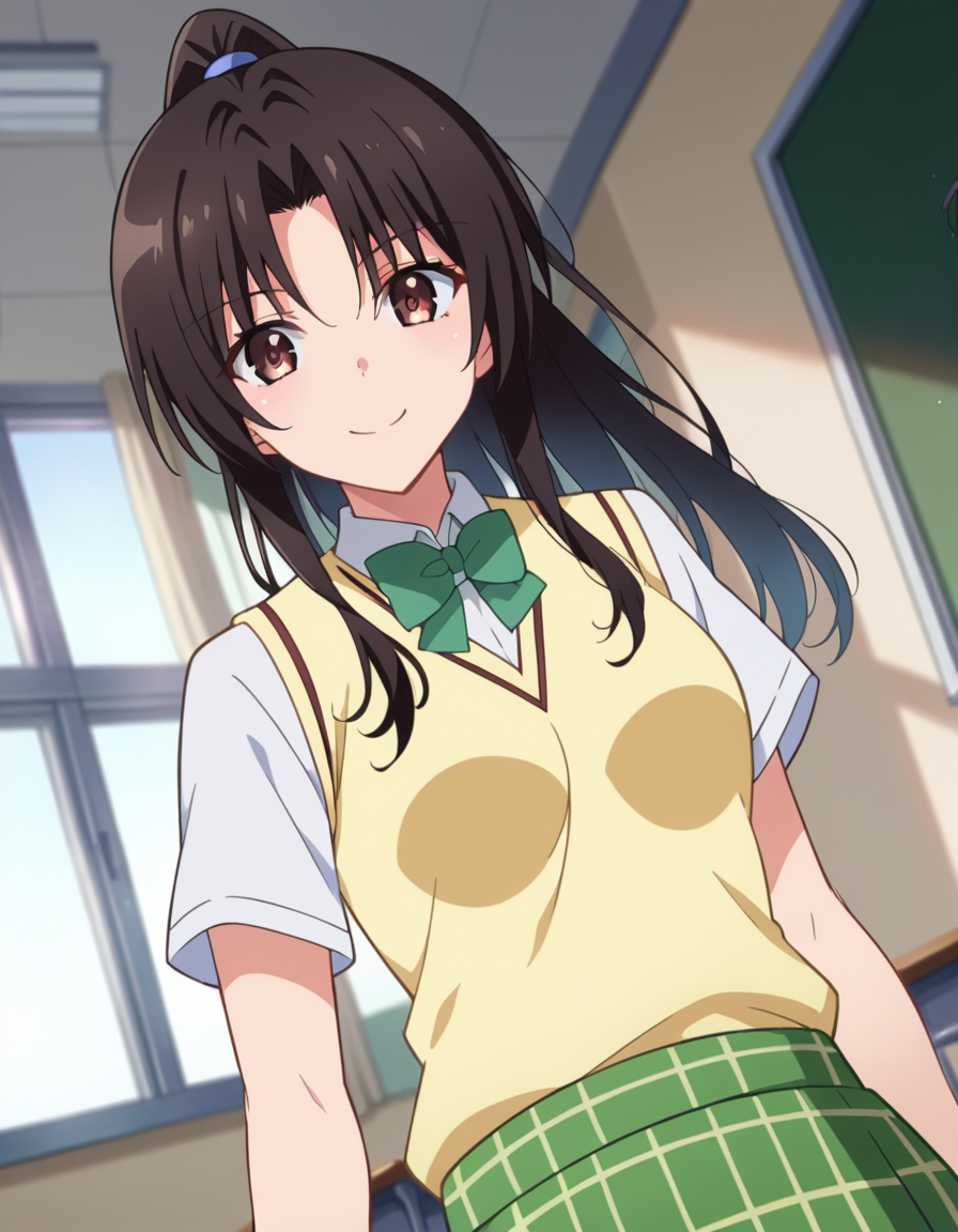 score_9, score_8_up, score_7_up, source_anime,
rinkujou, <lora:rin-kujou-darkness-ponyxl-lora-nochekaiser:1>,
rin kujou, long hair, black hair, brown eyes, ponytail, parted bangs, sidelocks, hair intakes,
green skirt, plaid, plaid skirt, sainan high school uniform, school uniform, skirt, sweater vest, thighhighs, yellow sweater, short sleeves, bow, green bow,
indoors, classroom, smile,
looking at viewer, cowboy shot, dutch angle,
