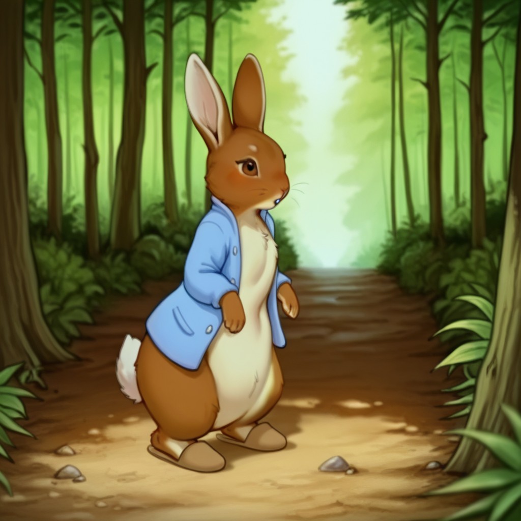 masterpiece, best quality, amazing quality, PeterRbbtil, semi-anthro, male, rabbit_boy, brown fur, brown eyes, blue jacket, brown slippers, standing, in forest, , <lora:d1214667-d6e6-4906-901e-d9d679228881:0.7>
