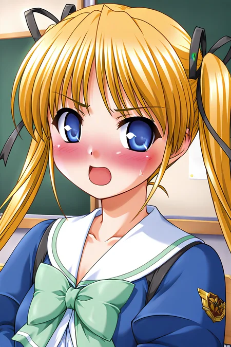 masterpiece, best quality, absurdres, official art, official style, rating generael BREAK <lora:shibugakimatsuri_IL_v1-3:0.7>, shibugaki matsuri, 1girl, solo, blonde hair, blue eyes, very long hair, bangs, twintails, hair ribbon, black ribbon, small breasts, winter uniform, school uniform, blue jacket, juliet sleeves, emblem, green ribbon, arm ribbon, white sailor collar, upper body, portrait, close-up, indoors, classroom,
blush, annoyed, embarrassed, looking at viewer, nose blush, open mouth