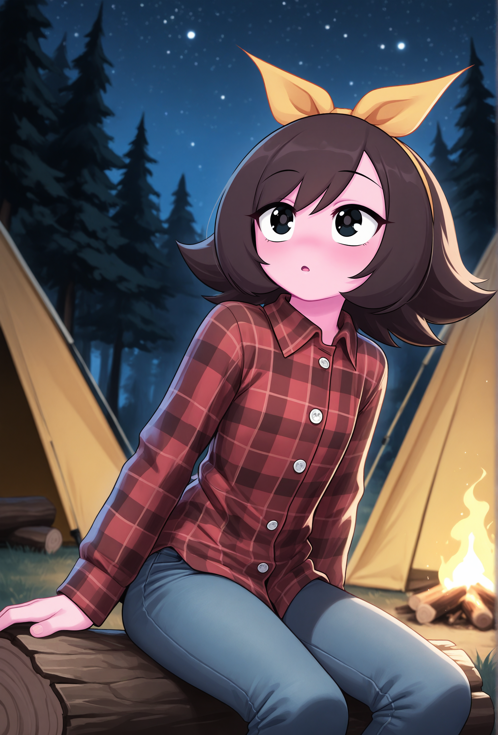 masterpiece,best quality,amazing quality, <lora:marigold_cabronpr_noob_v1.1f:1> marigold, 1girl, solo, hairbow, no nose, black eyes, BREAK
plaid shirt, jeans, night, starry sky, campsite, log, forest, tent, (depth of field:1.2)