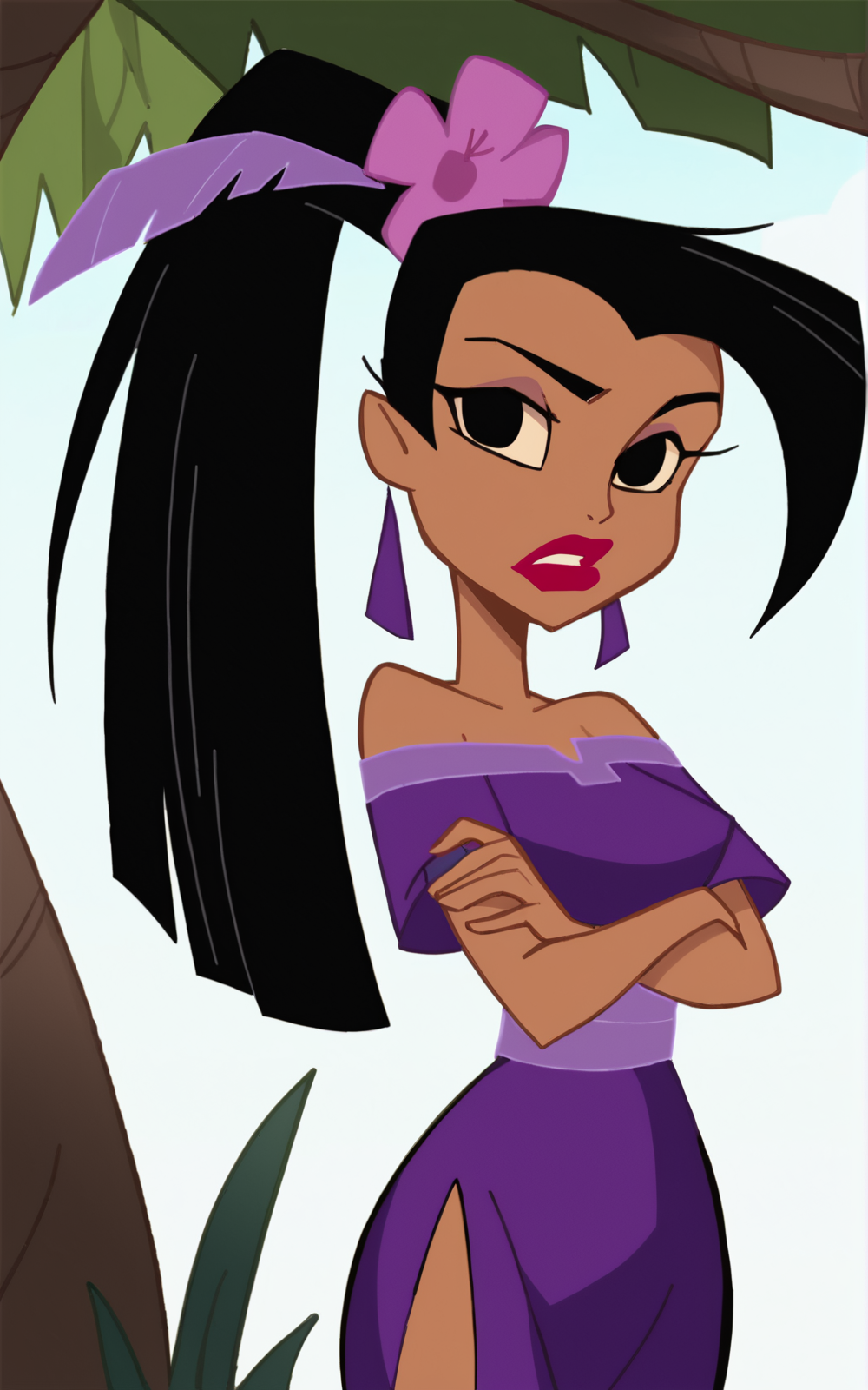 score_9, score_8_up, score_7_up,((best quality)), absurdres,<lora:BolivanteStyle:0.8>, <lora:YITENSPXL:0.8>,YITENSPXL,dress, purple dress, short dress, side slit, sash purple sash, black hair, ponytail, hair ornament, black eyes, dark skin, dark-skinned female, makeup, red lips, bare shoulder, short sleeves,  earrings,slim,hair flower,annoyed, crossed arms , outside, jungle