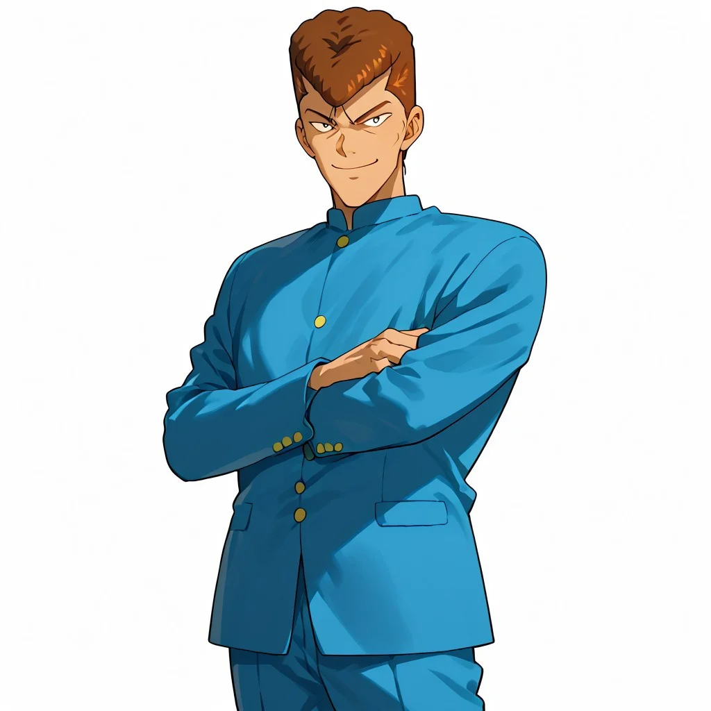 score_9, score_8_up, score_7_up, score_6_up, white background, 1boy, kuwabara, brown hair, male focus, solo, standing, smile, pompadour, gakuran, school uniform, ((fullbody))
