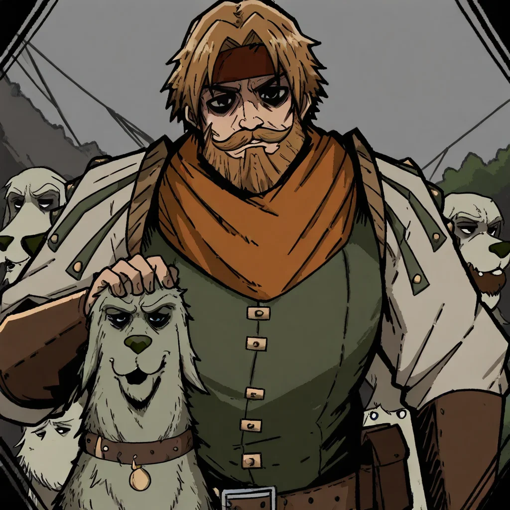 masterpiece, best quality, newest, absurdres, highres, mark_gavatino, mark gavatino style, DDstyle, official style, black eyes, shaded eyes, DDHM-V1.0, beard, facial hair, leather armor, dog, hound, mustache, headband,