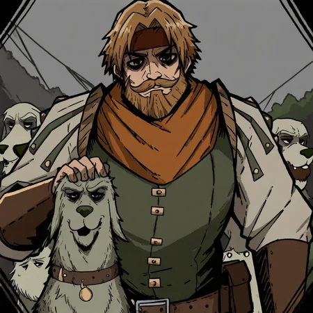 masterpiece, best quality, newest, absurdres, highres, mark_gavatino, mark gavatino style, DDstyle, official style, black eyes, shaded eyes, DDHM-V1.0, beard, facial hair, leather armor, dog, hound, mustache, headband,