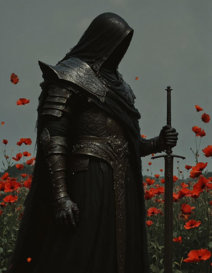 dark fantasy scene featuring a mysterious figure clad in a dark, tattered cloak with a hood obscuring their face. The figure stands solemnly in a field of vibrant red poppies under a hazy, overcast sky. The armor is medieval and ornate, featuring intricate designs and patterns, with subtle hints of rust from age or battle. The figureâs posture is upright yet relaxed, with one hand resting on the pommel of an imposing sword that is thrust into the ground before them. Flecks of red, possibly petals or blood droplets, are suspended in the air around the figure, adding to the somber yet striking atmosphere, <lora:flux.1_lora_flyway_Epic-detail_v2:1>, <lora:Elden_Ring_-_Yoshitaka_Amano:0.4>, <lora:- Flux1 - soothing_atmo_V2.0:0.4>, <lora:aidmaMJ6.1_v0.3:0.5>