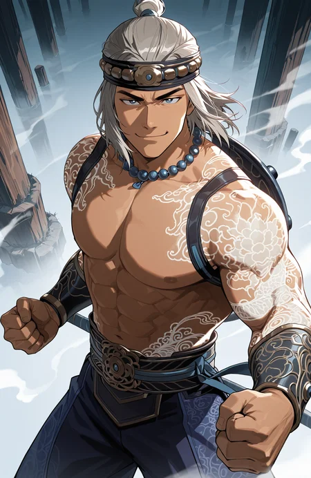 <lora:[Char - IL] Mortal Kombat - Liu Kang [Fire God ] (R1E07):1> mk_firegod_liukang, liukang_body,
muscular male,
looking at viewer, smug, holding weapon, martial arts,
cowboy shot,
from above,
fighting stance, clenched hands
fantasy chinese landscape, low clouds, fog, wind, reflective,
anime style, anime coloring,
detailed, light, bright,
masterpiece, best quality, amazing quality, very aesthetic, absurdres, newest, very awa,