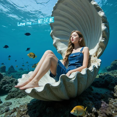 Photorealism, Film still, surreal world, crystal clear water.. under the sea level, shallow coral reefs, High quality,
A giant Giant Clam open up. a lovely heavenly girl sit inside the clam, she wears one piece workers blue work suit, flowing blond hair, sunlight filter down in a beam, sunligh on her, girl have the correct number of limbs and fingers, correct body proportion, look of disguise.
A lovely neon sign in the air says ((Love me) in blue), .((Not EAT me) in blood red)"
Theme of protect the Gaia mother earth.
lots of other sea animals schools of colourful coral fish. surreal, unreal atmosphere.
<lora:fluxenhancer:0.5> , <lora:Gulnazar_Flux_rank16_bf16:0.7>